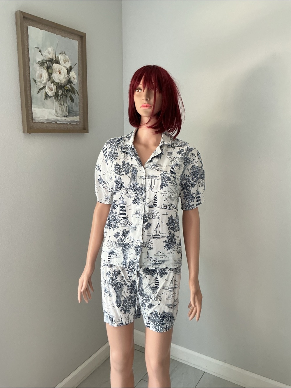 Jaclyn Nautical-Print Blue & White Women’s Short Pajama Set